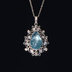 Certified Natural 7Cts VS F Diamond Aquamarine 18K Solid Gold Filigree Pendant